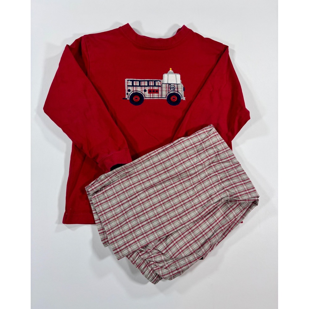 Bailey Boys Fire Truck Applique Plaid Boutique Pants Set Preppy Red Boys Size 5